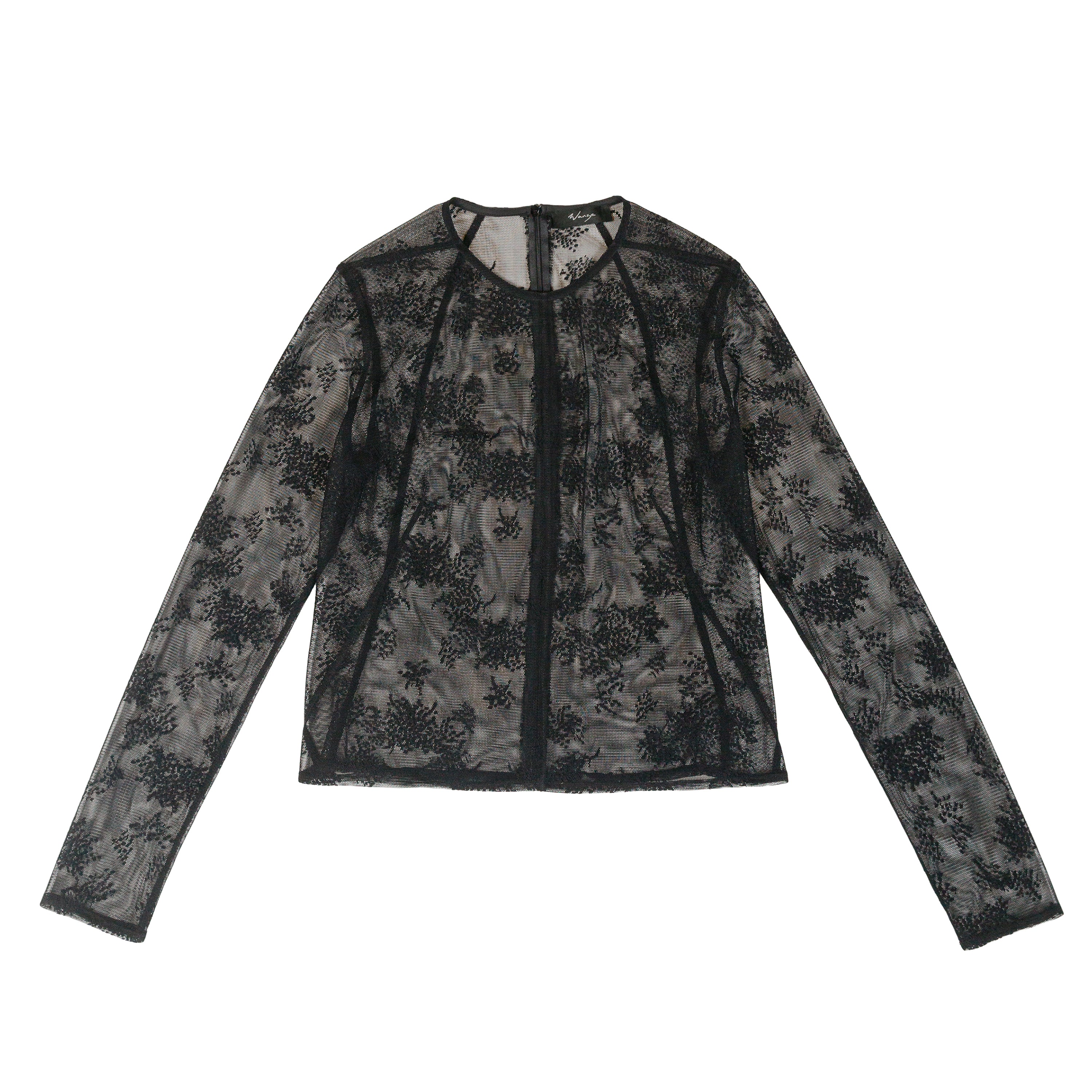 Darted Long Sleeve Top Jacquard Tulle Black