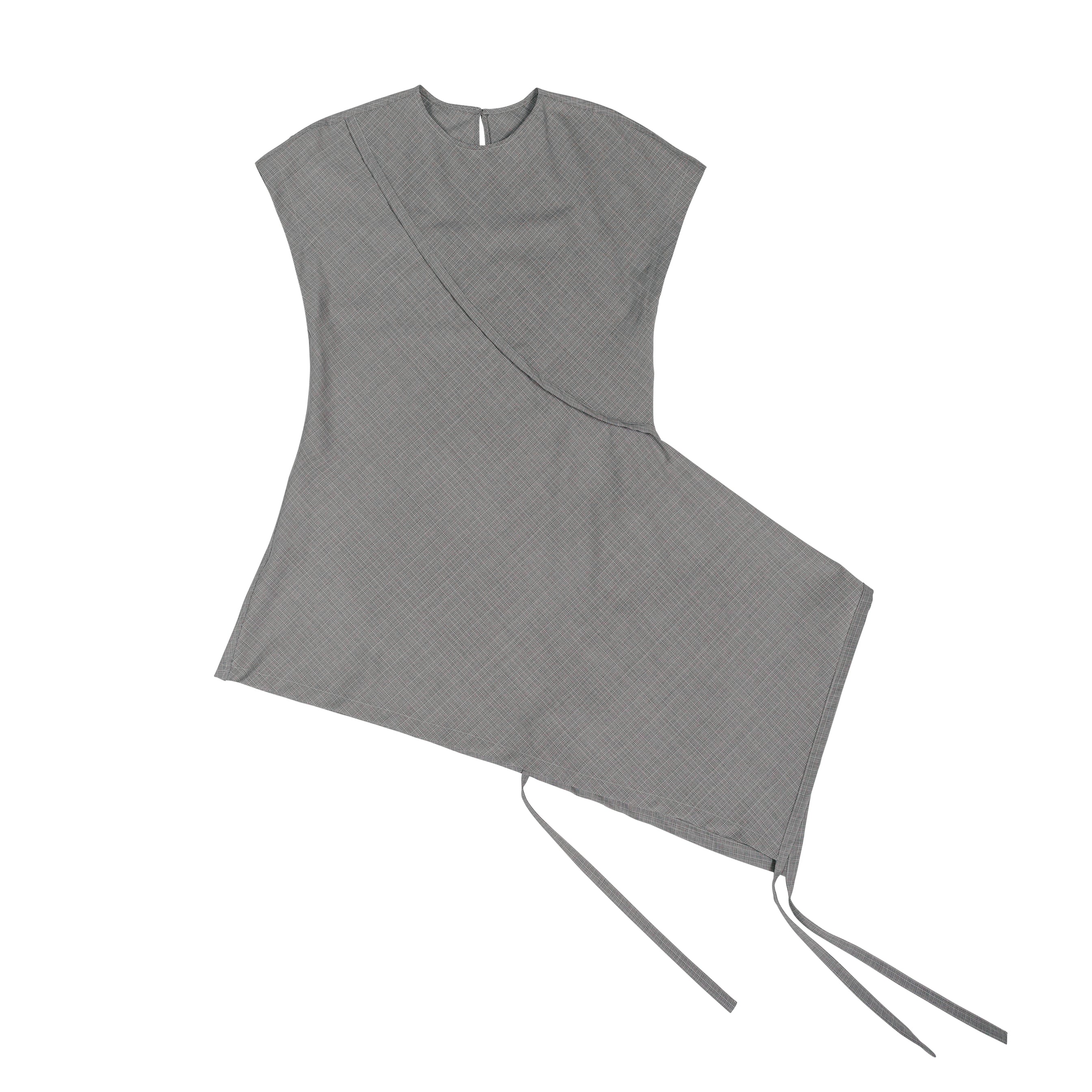 Asymmetrical Drape Dress Wool Linen Plaid Grey