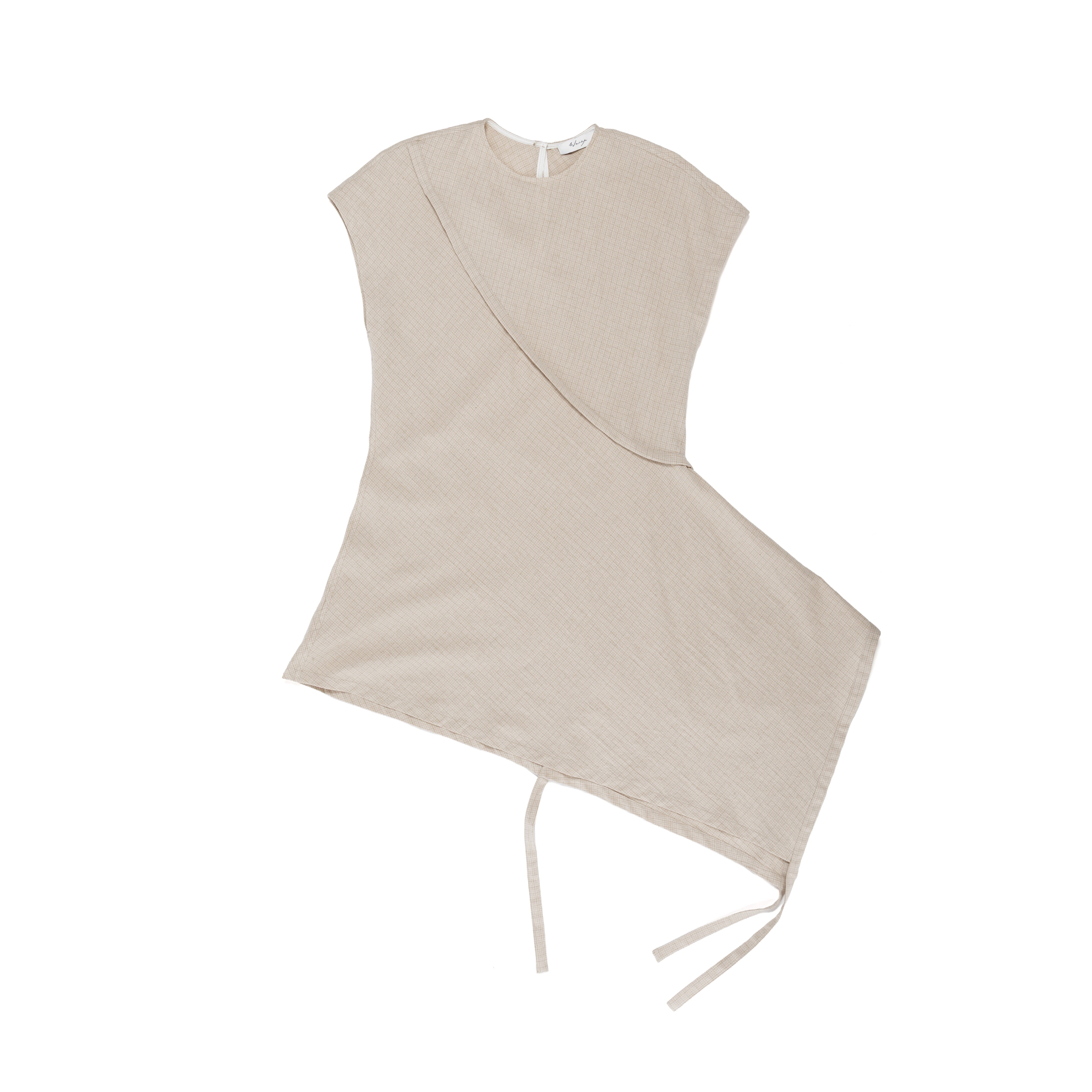 Asymmetrical Drape Dress Micro Plaid Cotton Linen Oat - PREORDER