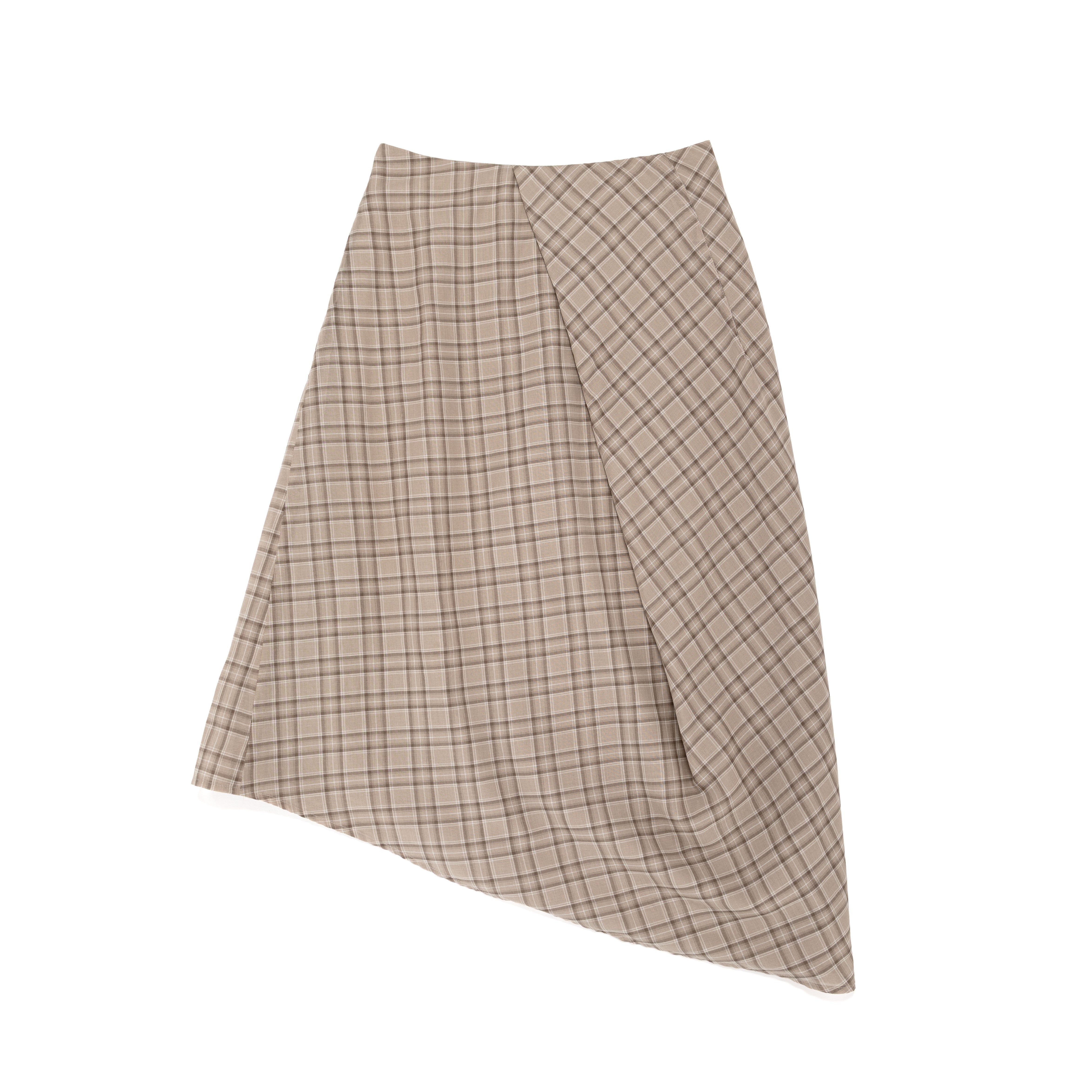 Asymmetrical Drape Skirt Cotton Wool Voile Plaid Tan - PREORDER