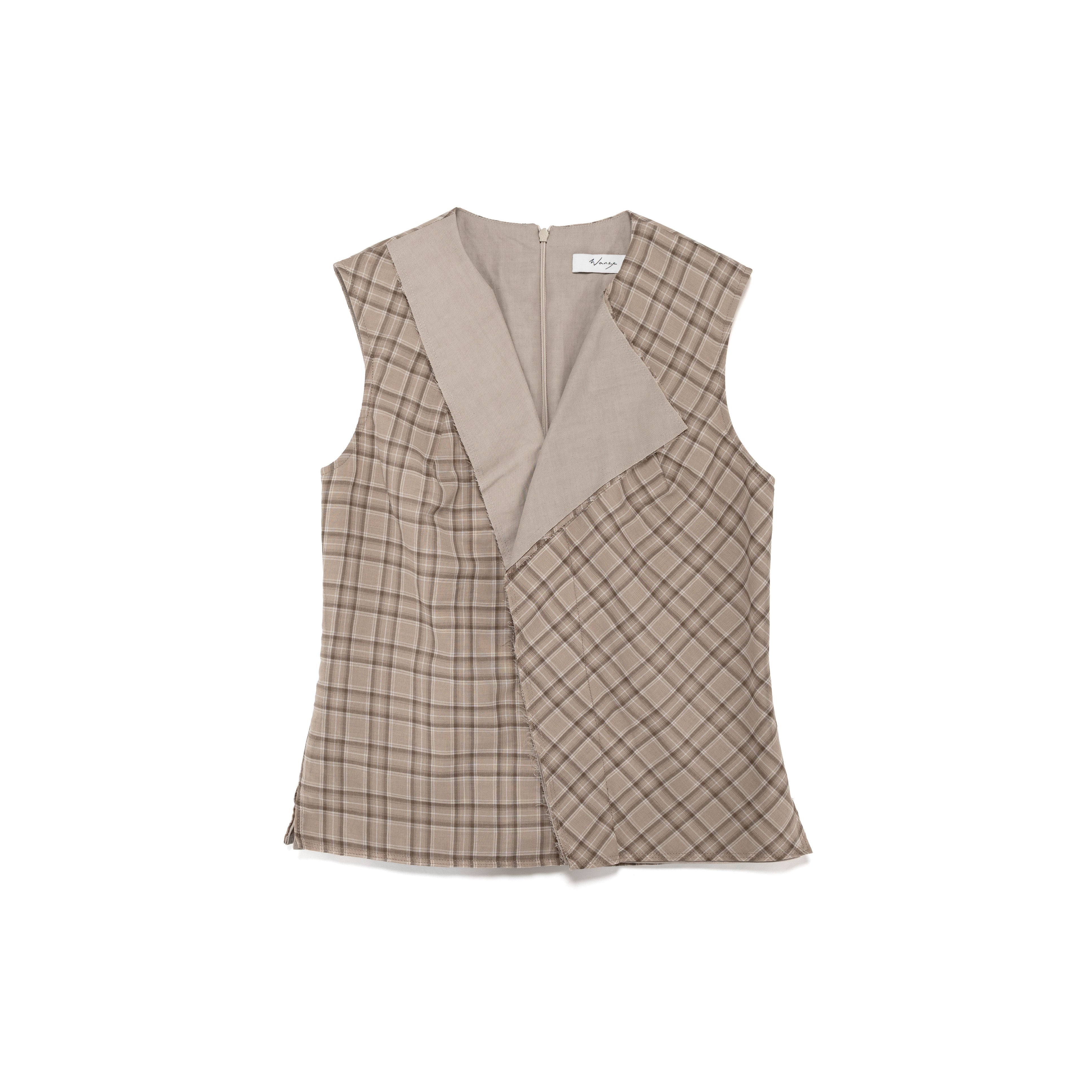Double Layered Raw Placket Drape Tank Cotton Wool Voile Plaid Tan - PREORDER