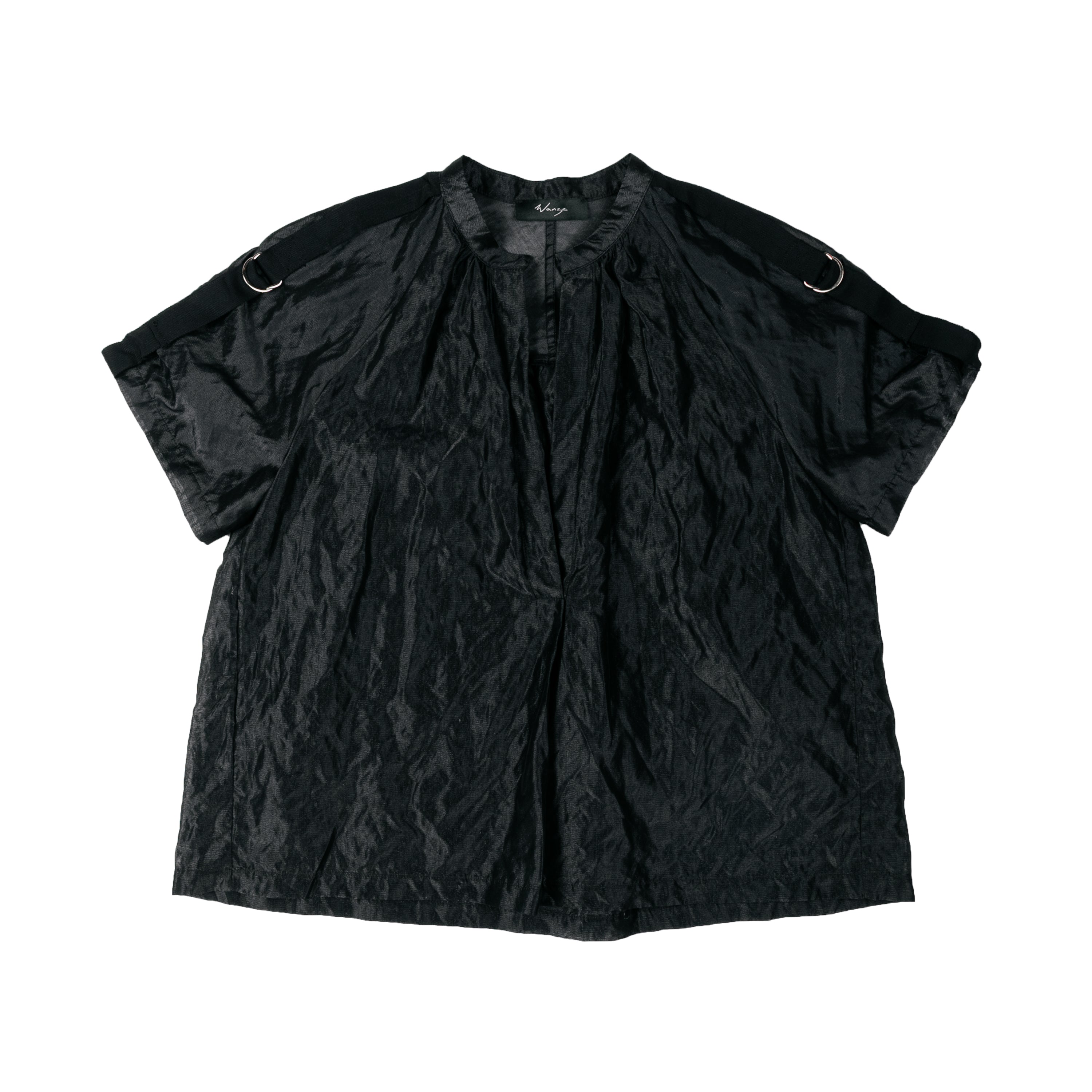 V-Neck Gathered Blouse Cotton Silk Metal Black - PREORDER