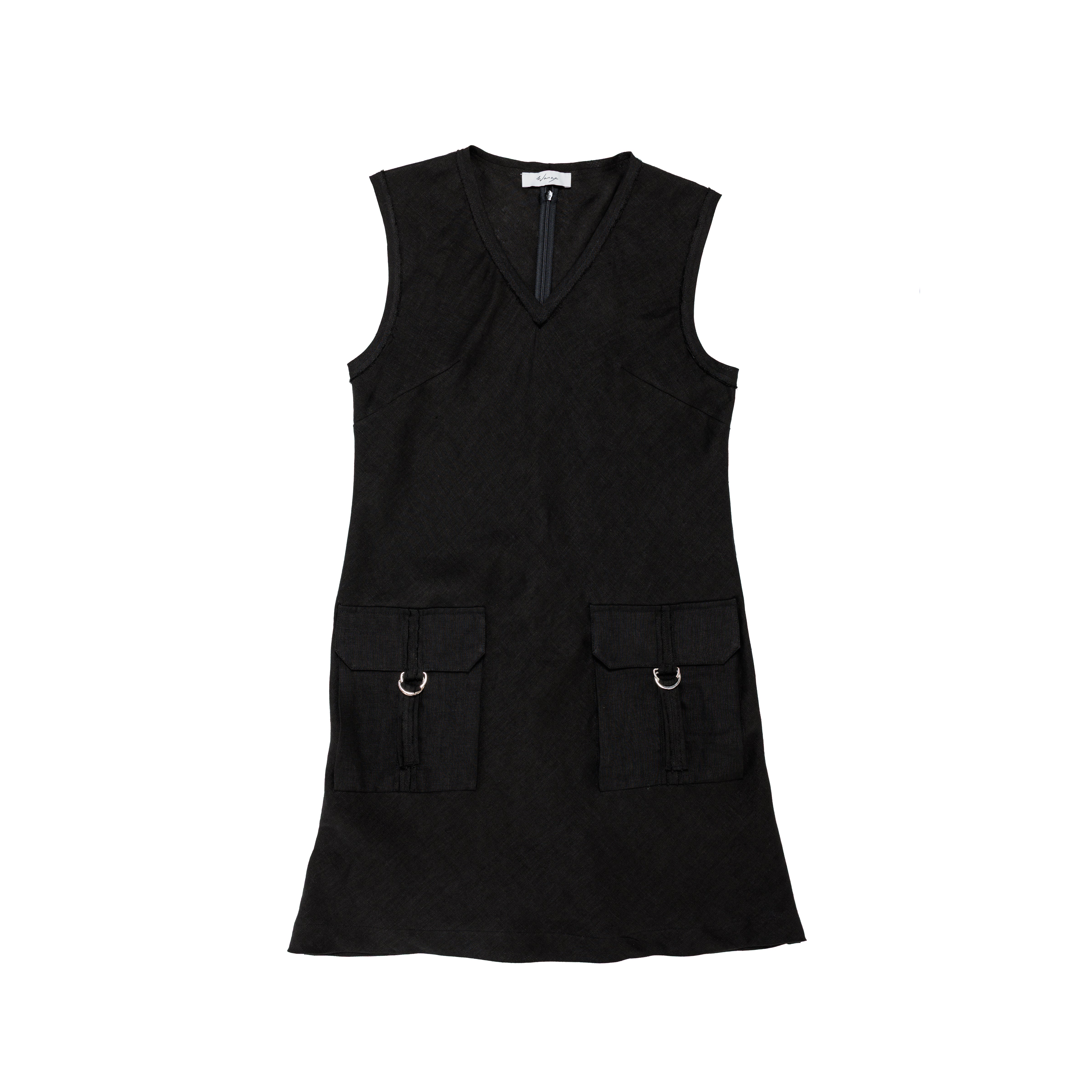 V-Neck Tunic Dress Washed Linen Black - PREORDER