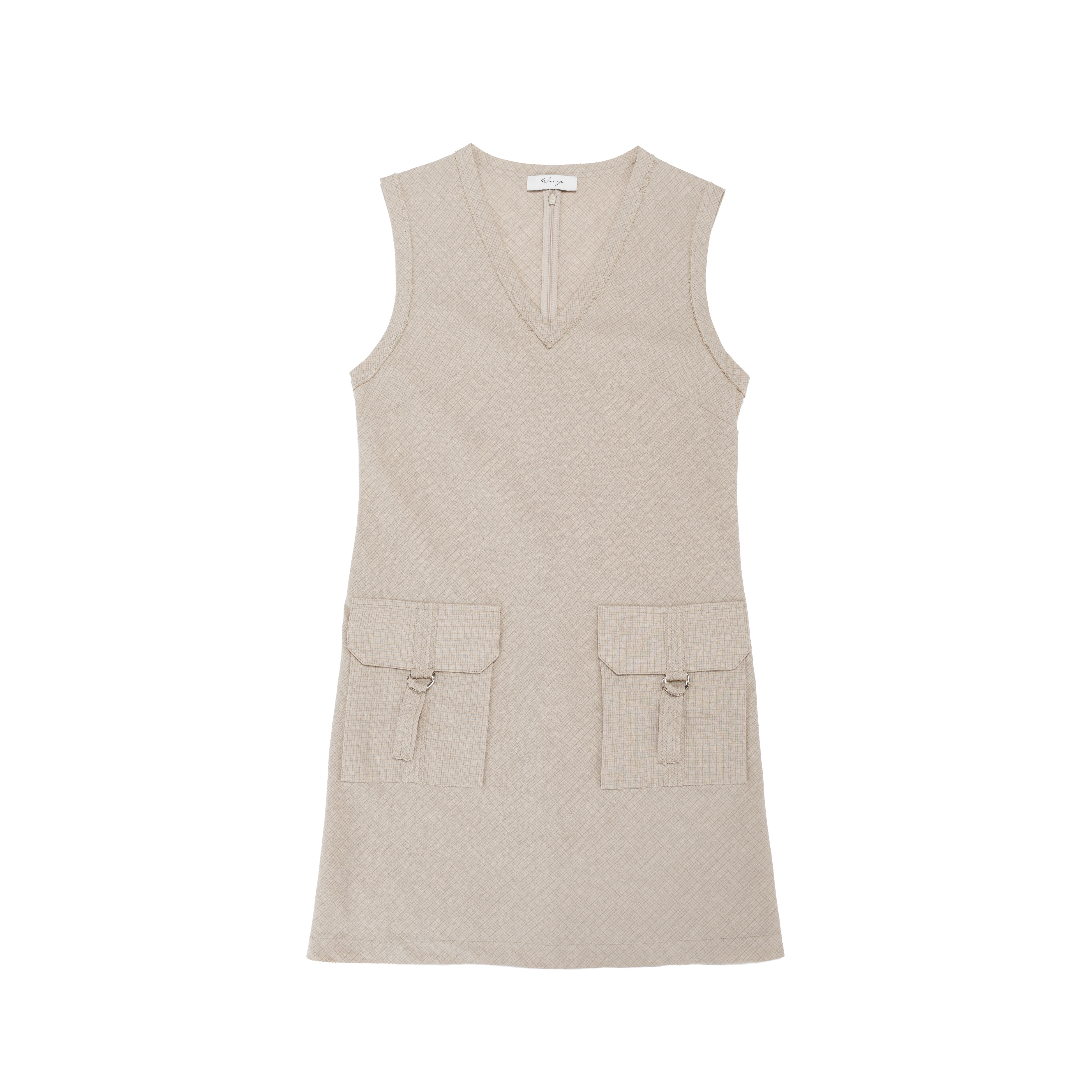V-Neck Tunic Dress Micro Plaid Cotton Linen Oat - PREORDER