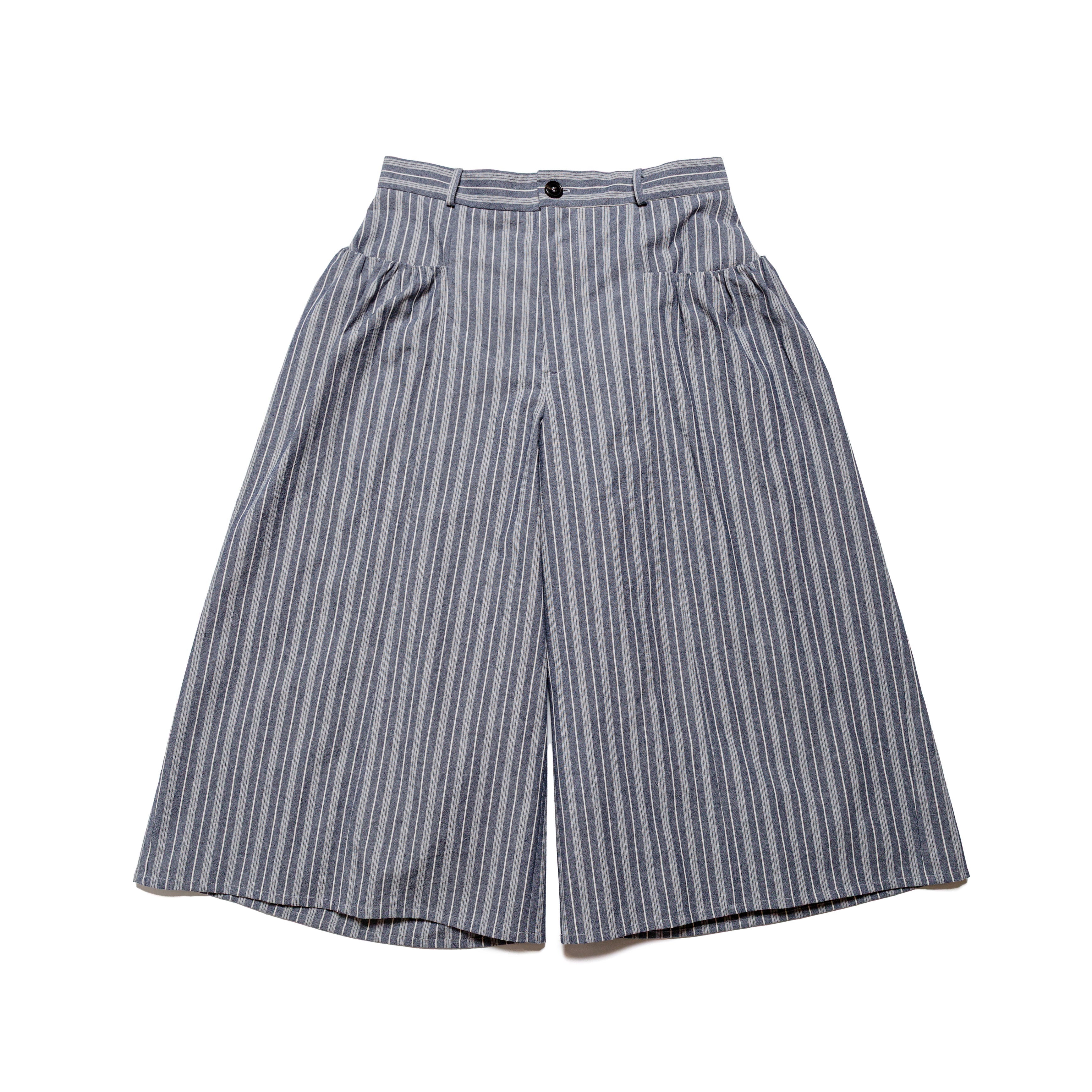 Gathered Wide Leg Culotte Cotton Stripe Indigo - PREORDER