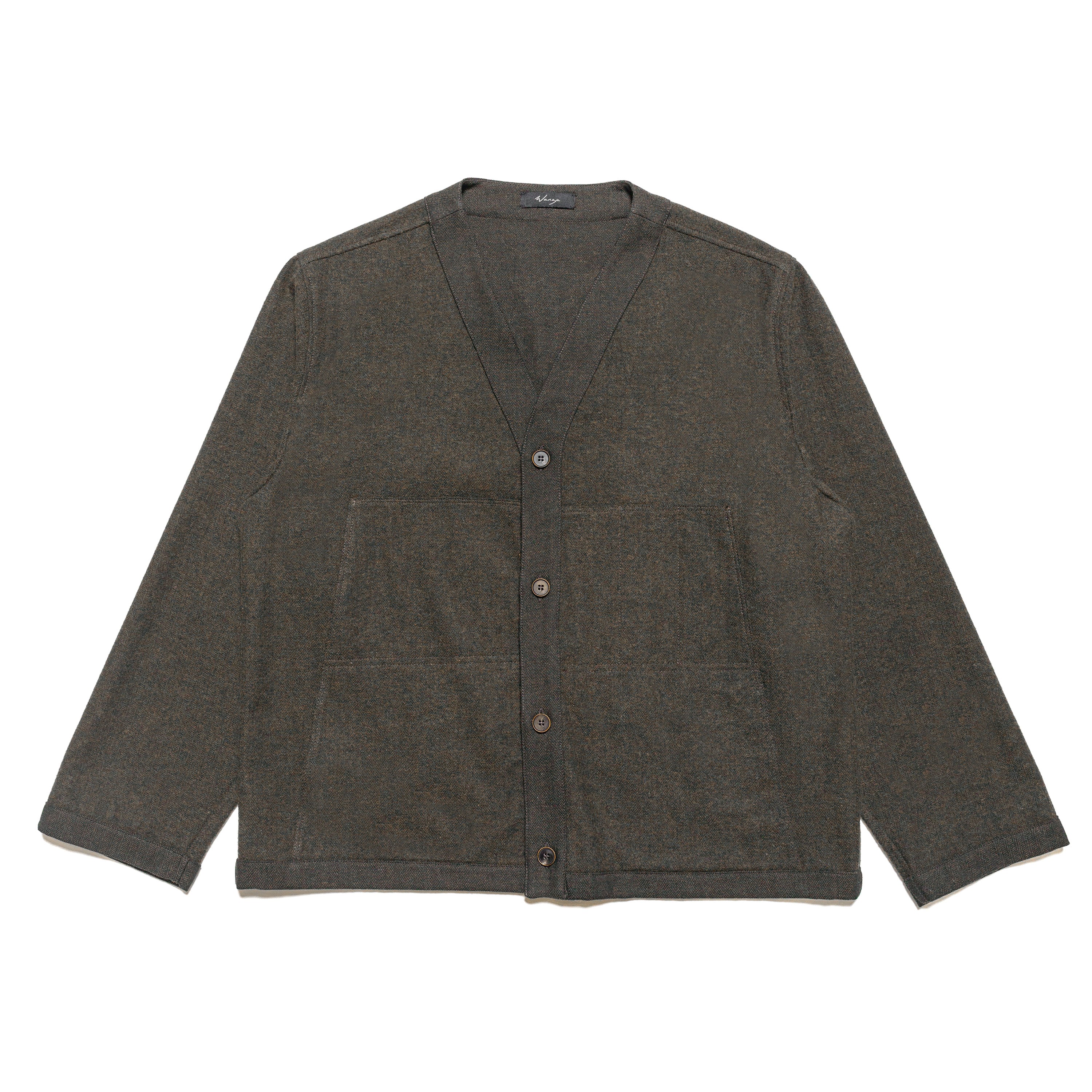 V-Neck Utility Cardigan Cotton Wool Herringbone Green - PREORDER