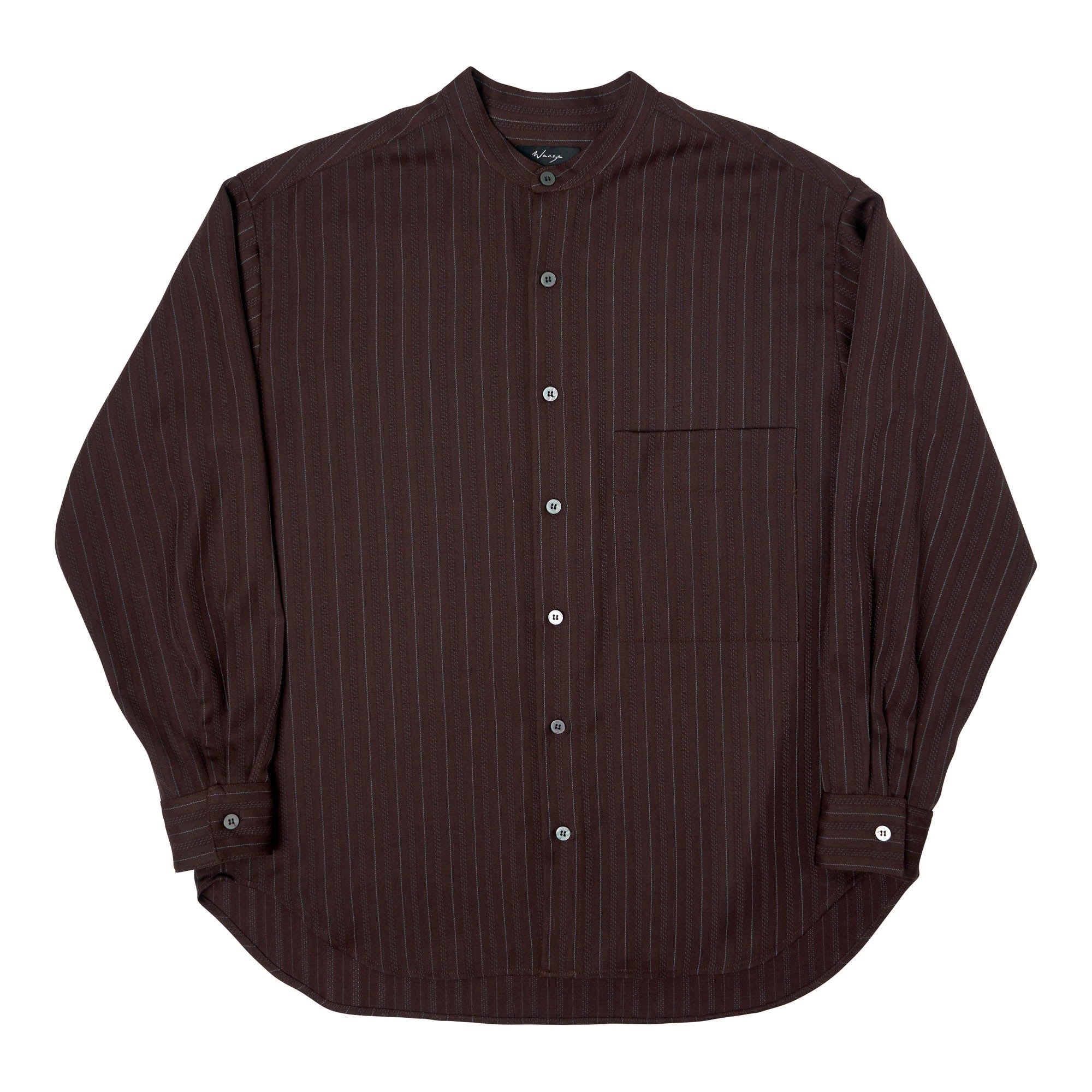 Stand Collar Shirt Virgin Wool Brown Pinstripe - PREORDER